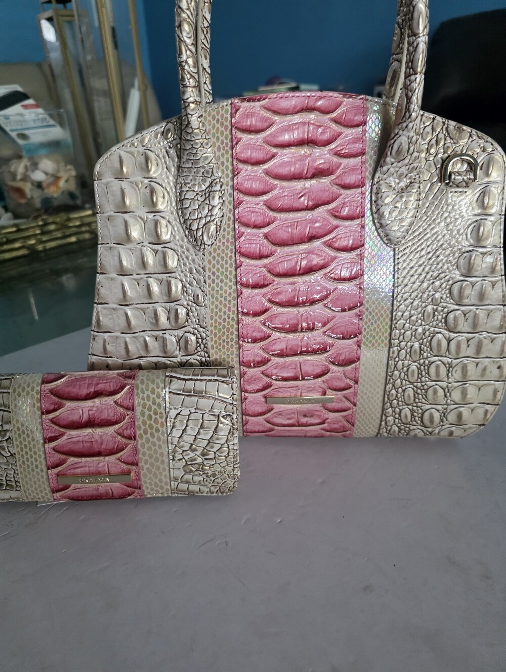 New Brahmin Rosetta Set Croc-Accent Tote and Wallet Set in Pink and Cream